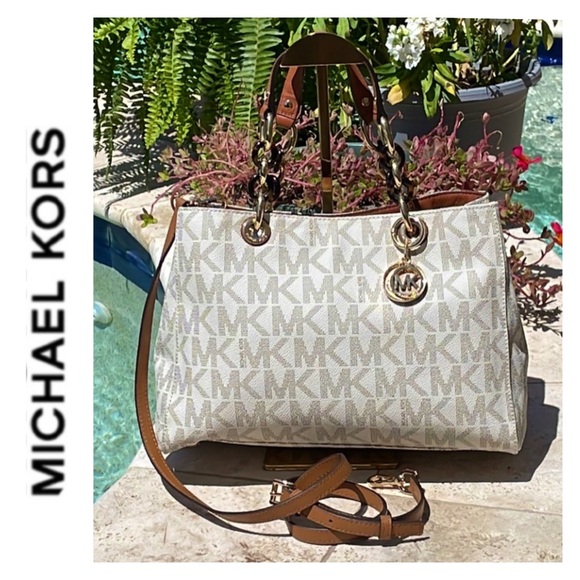 Michael Kors Cynthia Wht/Brn Sig. Coated Pebbled Leather Satchel/Tote/Crossbody - Picture 1 of 17